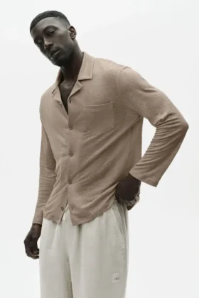 Chemise boutonnée à manches longues en jersey de lin « Coastal » - Gravel