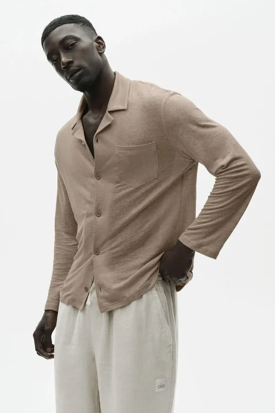 Chemise boutonnée à manches longues en jersey de lin « Coastal » - Gravel