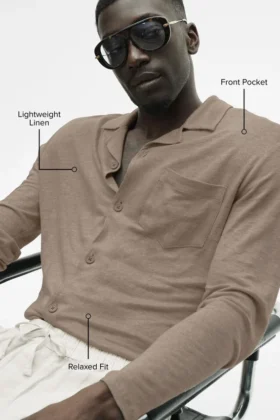 Chemise boutonnée à manches longues en jersey de lin « Coastal » – Gravel