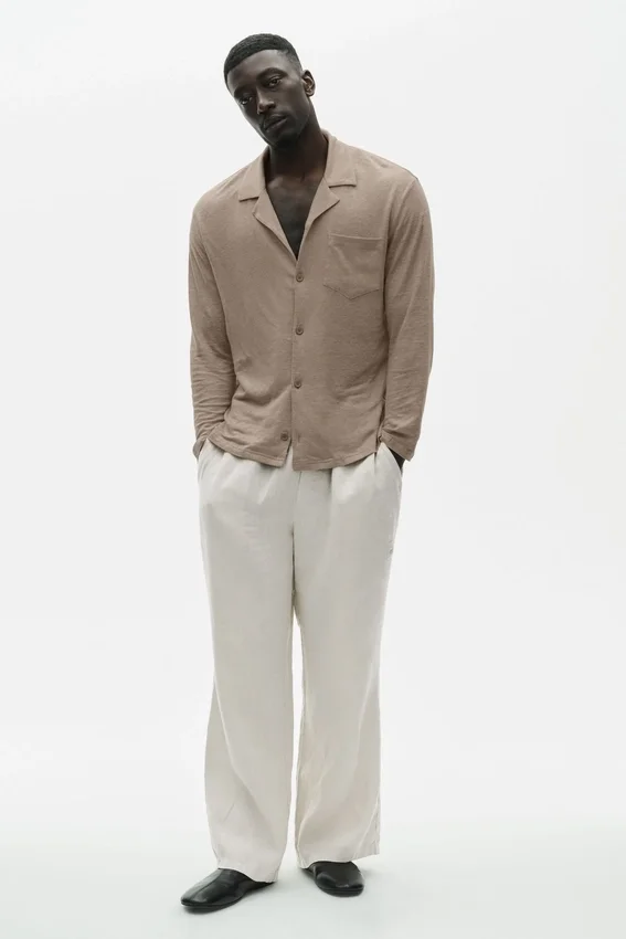 Chemise boutonnée à manches longues en jersey de lin « Coastal » - Gravel