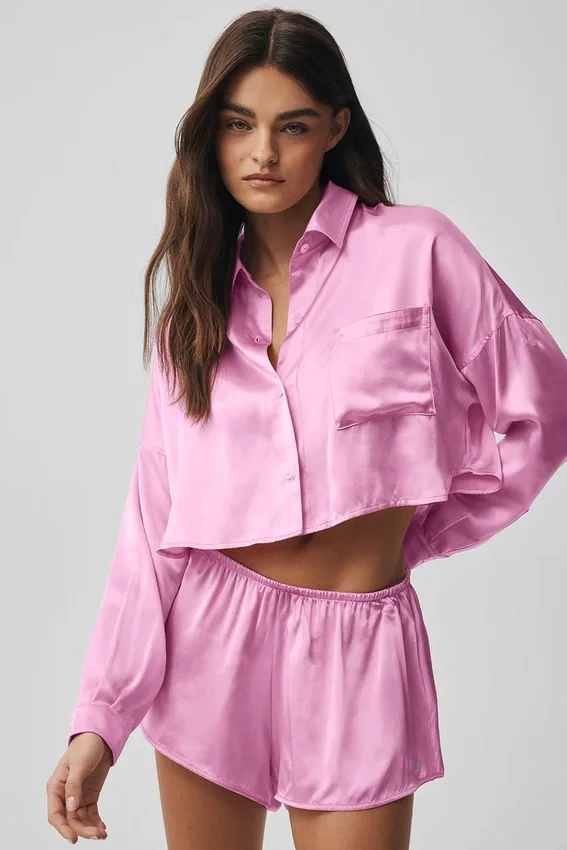 Chemise courte à manches longues boutonnée « Silk Luminous » - Rose Candy Heart