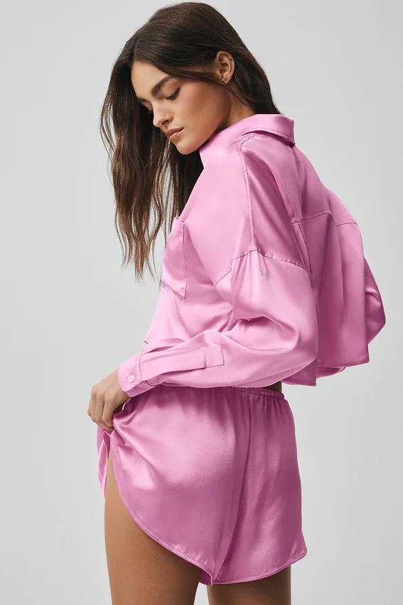 Chemise courte à manches longues boutonnée « Silk Luminous » - Rose Candy Heart