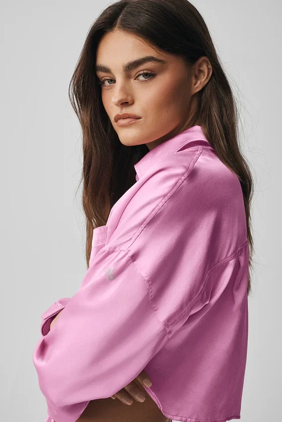 Chemise courte à manches longues boutonnée « Silk Luminous » - Rose Candy Heart