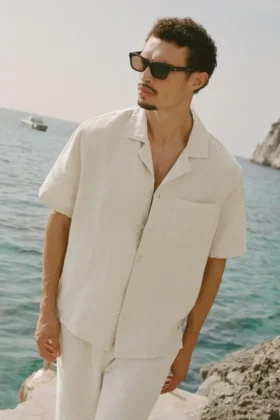 Chemise à manches courtes boutonnée Linen Days - Beige
