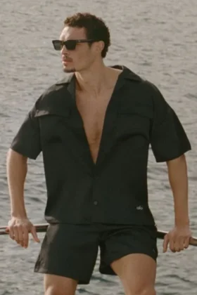 Chemise à manches courtes boutonnée Satin Horizon - Noir