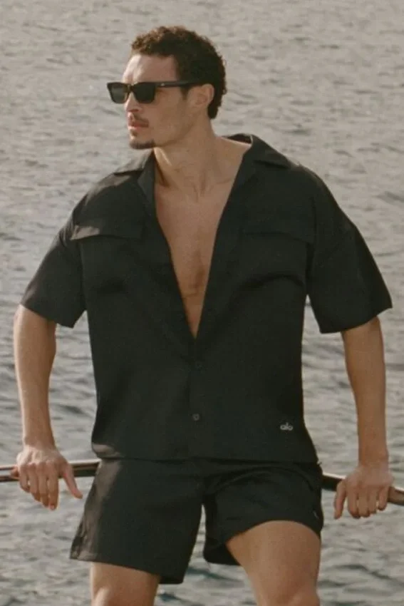 Chemise à manches courtes boutonnée Satin Horizon - Noir