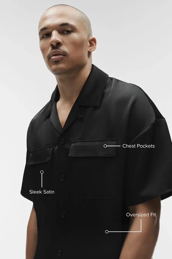 Chemise à manches courtes boutonnée Satin Horizon - Noir