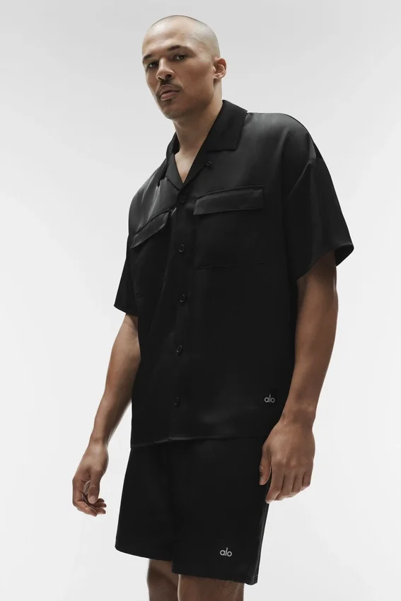 Chemise à manches courtes boutonnée Satin Horizon - Noir