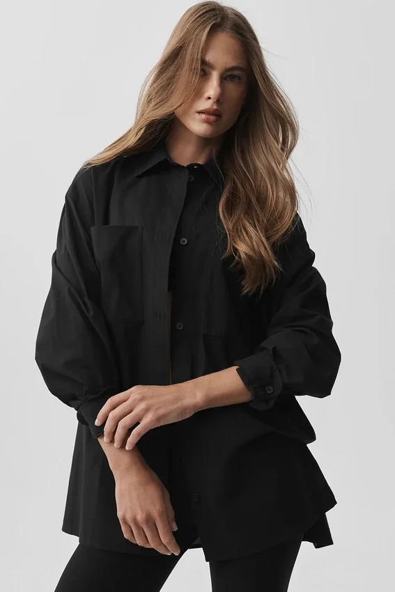 Chemise à manches longues boutonnée en coton Real Deal - Noir