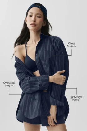 Chemise à manches longues « Daylight » à rayures fines – Bleu marine/Ivoire