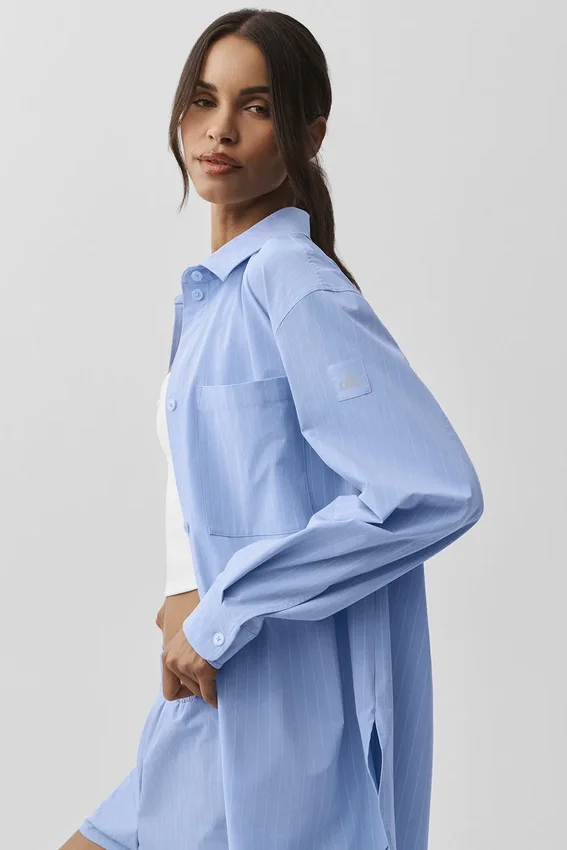 Chemise à manches longues « Pinstripe Daylight » boutonnée – Bleu Provence clair/Blanc