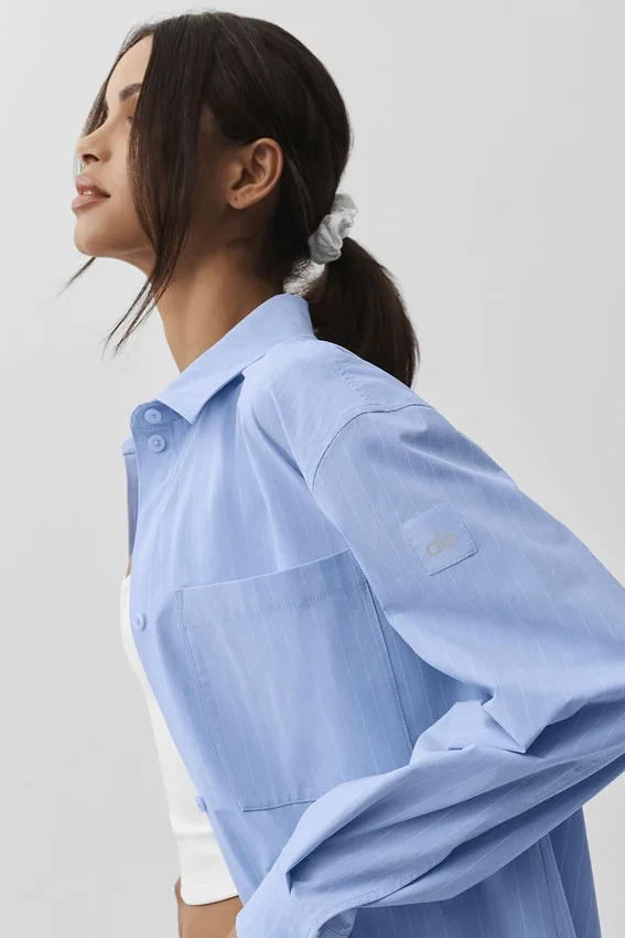 Chemise à manches longues « Pinstripe Daylight » boutonnée – Bleu Provence clair/Blanc