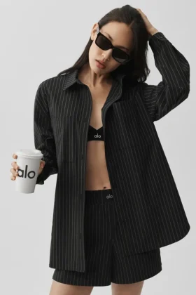 Chemise à manches longues à rayures fines « Daylight » - Noir/Titane