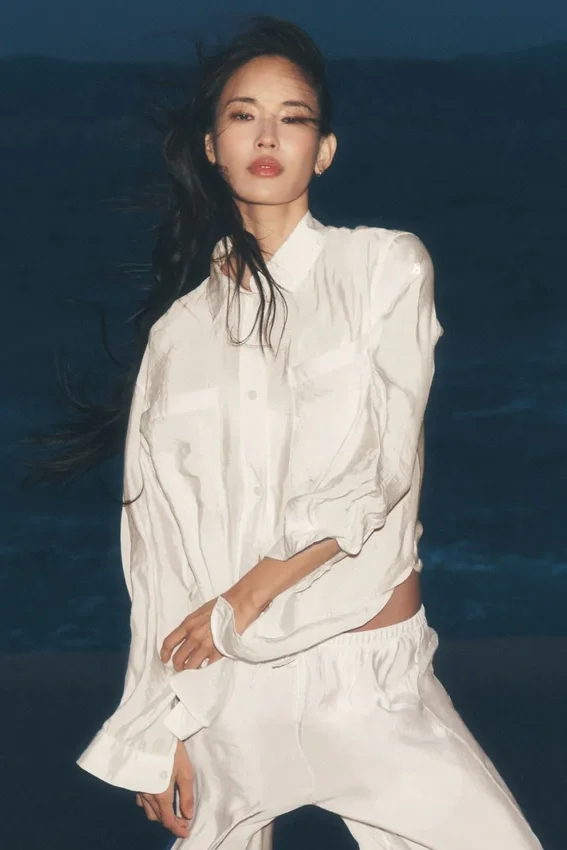 Chemise à manches longues semi-transparente « Golden Hour » à boutons – Ivoire