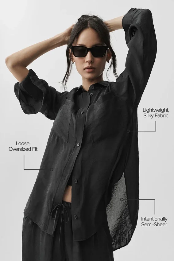 Chemise à manches longues semi-transparente « Golden Hour » à boutons — Noir