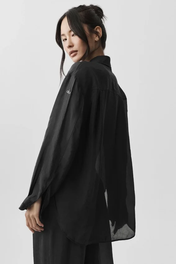 Chemise à manches longues semi-transparente « Golden Hour » à boutons — Noir
