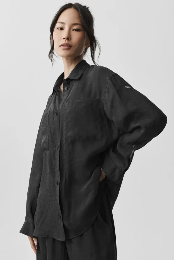 Chemise à manches longues semi-transparente « Golden Hour » à boutons — Noir