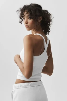 Débardeur-soutien-gorge long Favorite en tissu côtelé sans coutures – Blanc