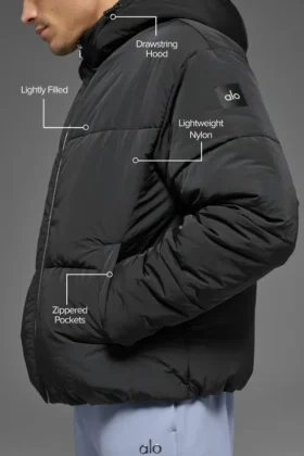 Doudoune de scène à capuche en nylon froissé – Noir