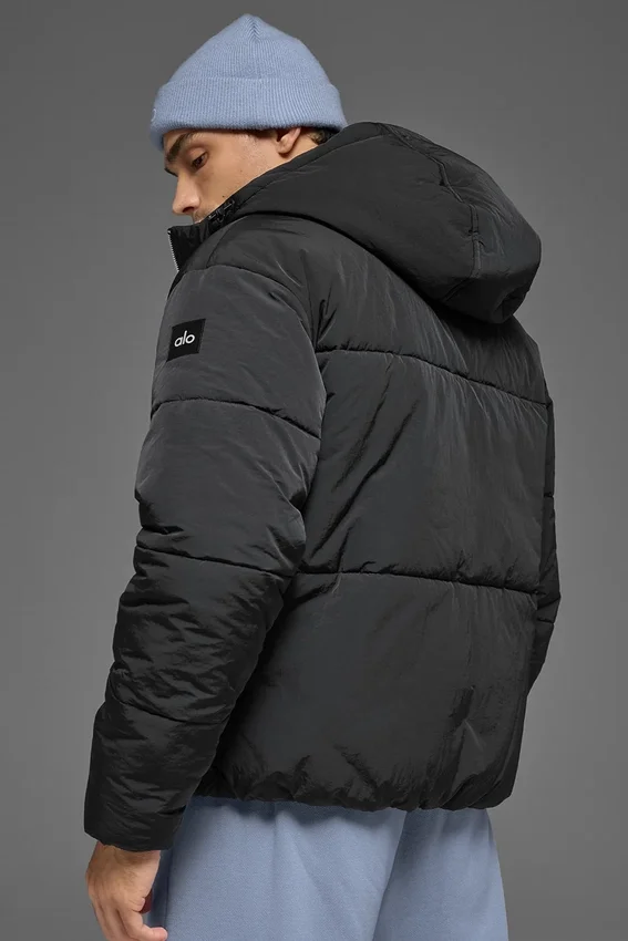 Doudoune de scène à capuche en nylon froissé - Noir