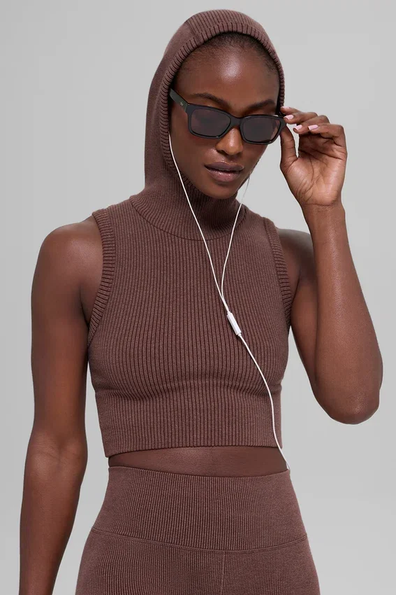 Gilet à capuche sans coutures bicolore à côtes – Brownstone Heather