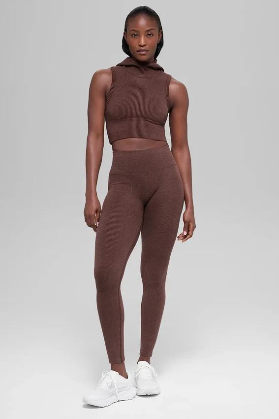 Gilet à capuche sans coutures bicolore à côtes – Brownstone Heather