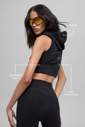 Gilet à capuche sans coutures bicolore à côtes – Noir