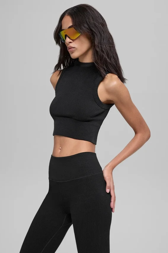 Gilet à capuche sans coutures bicolore à côtes - Noir