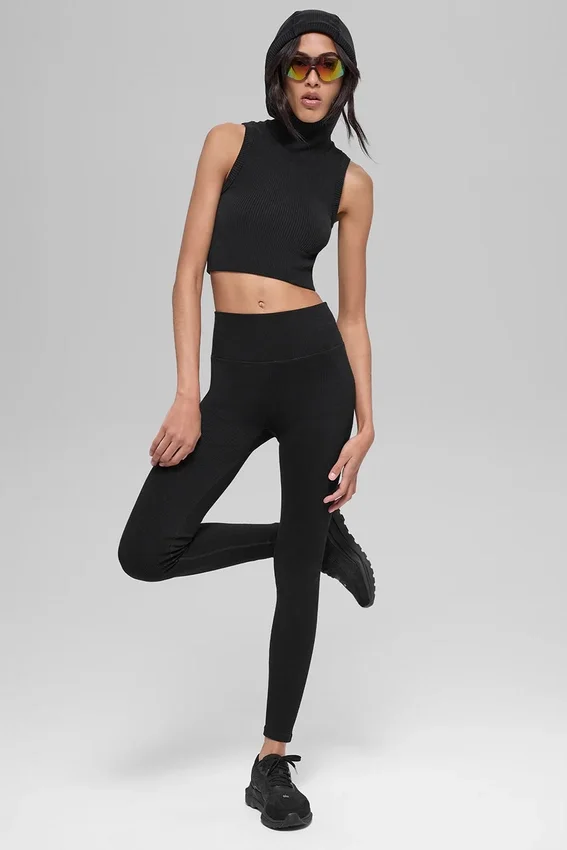 Gilet à capuche sans coutures bicolore à côtes - Noir