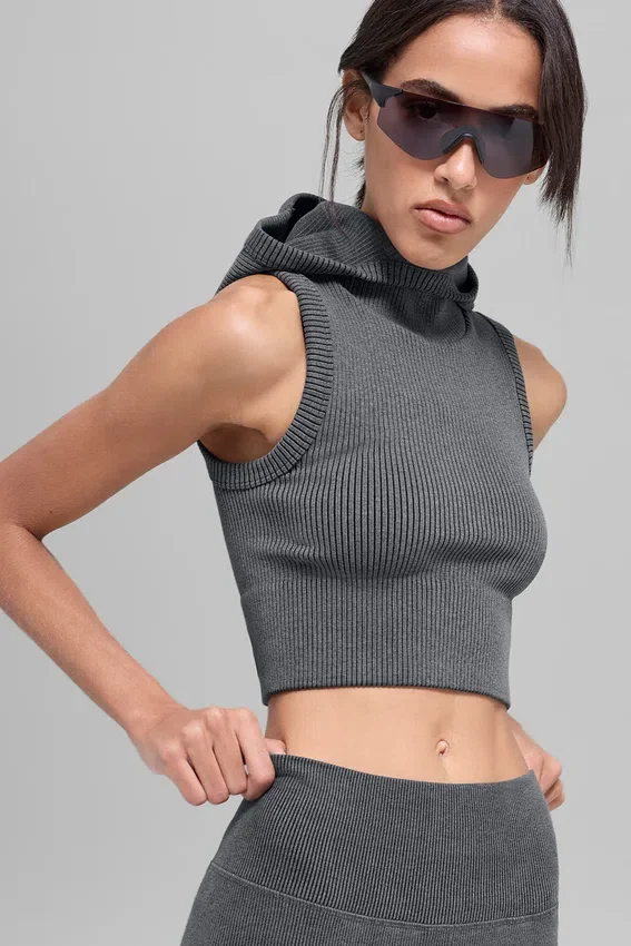 Gilet à capuche sans coutures en maille côtelée bicolore - Gris brumeux foncé chiné