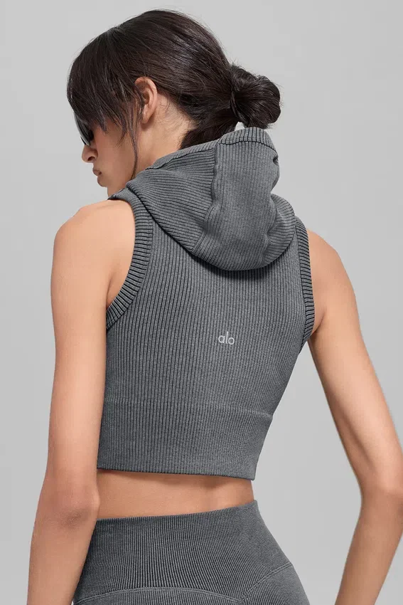 Gilet à capuche sans coutures en maille côtelée bicolore - Gris brumeux foncé chiné