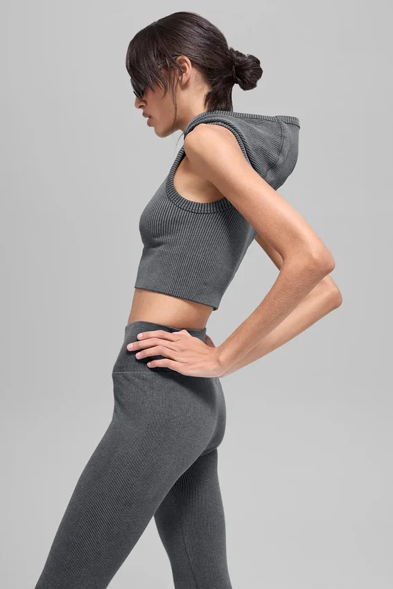 Gilet à capuche sans coutures en maille côtelée bicolore - Gris brumeux foncé chiné