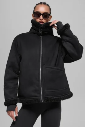 Grande veste en simili-mouton - Noir