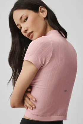 Haut à col montant sans coutures en pointelle à Manches courtes – Rose vintage