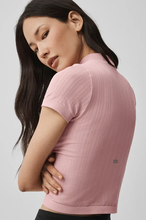 Haut à col montant sans coutures en pointelle à Manches courtes - Rose vintage
