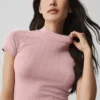 Haut à col montant sans coutures en pointelle à Manches courtes - Rose vintage