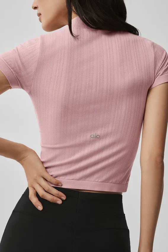 Haut à col montant sans coutures en pointelle à Manches courtes - Rose vintage