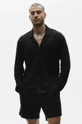 Haut à manches longues boutonné en jersey de lin « Coastal » - Noir