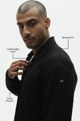 Haut à manches longues boutonné en jersey de lin « Coastal » – Noir