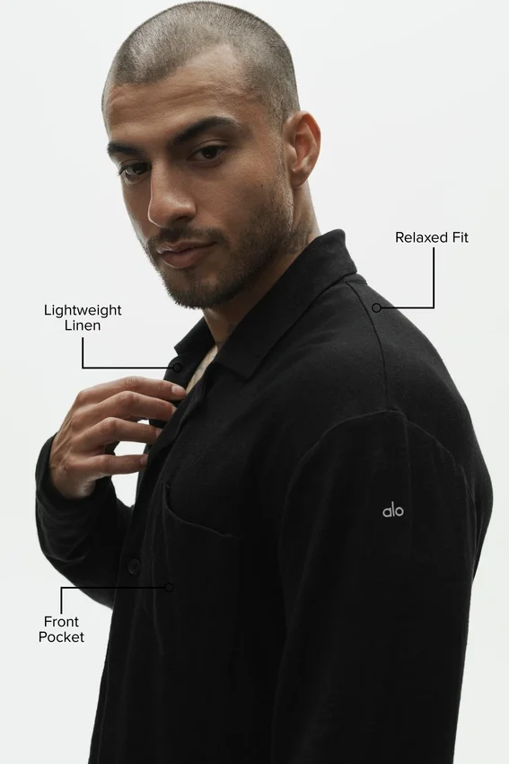 Haut à manches longues boutonné en jersey de lin « Coastal » - Noir