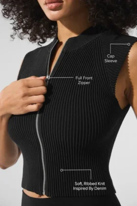 Haut sans manches en maille denim à fermeture éclair intégrale – Noir/Anthracite