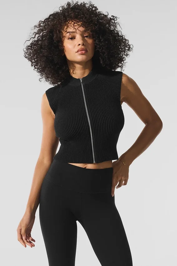 Haut sans manches en maille denim à fermeture éclair intégrale - Noir/Anthracite