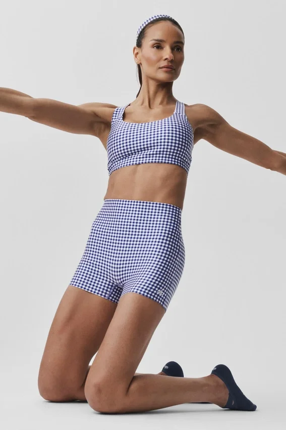 High-Waist Airlift Gingham Short, 3", imprimé vichy bleu marine