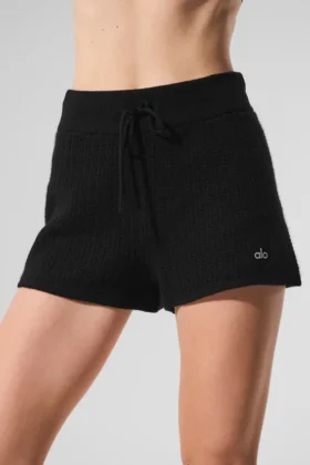 High-Waist Cashmere Plush Waffle Short – Noir
