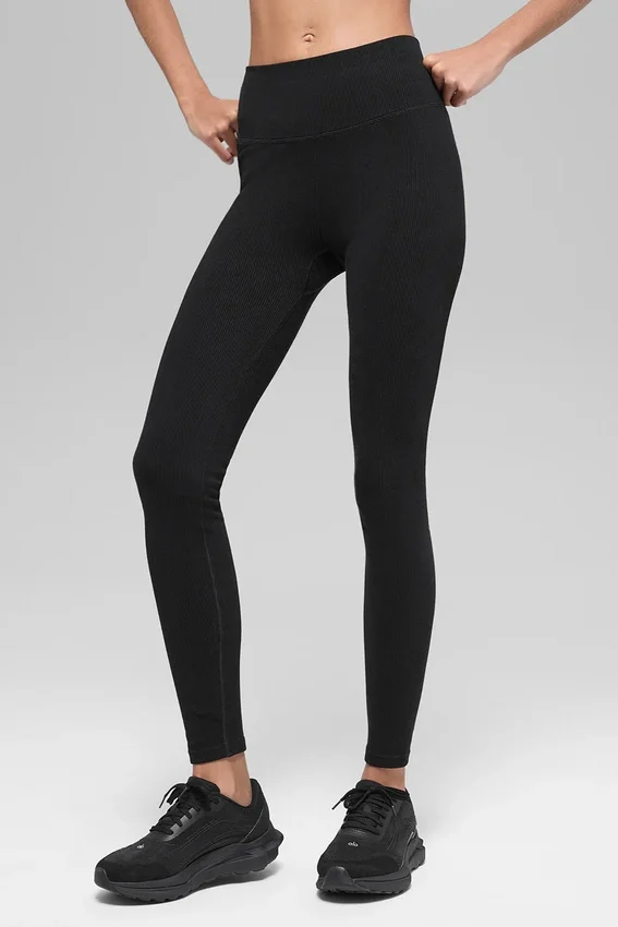 High-Waist Leggings sans coutures et côtes bicolores – Noir