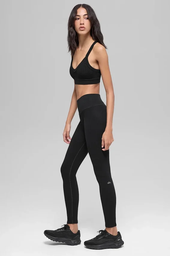 High-Waist Leggings sans coutures et côtes bicolores – Noir