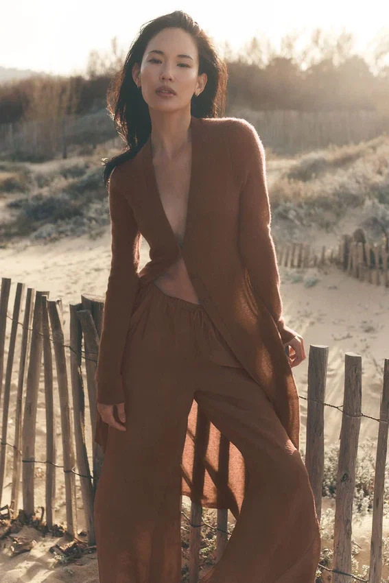 High-Waist semi-transparent straight leg pant – Brown « Sun Kissed »