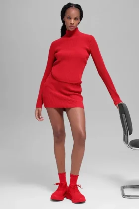 Jupe High-Waist en jersey de denim - Rouge vif