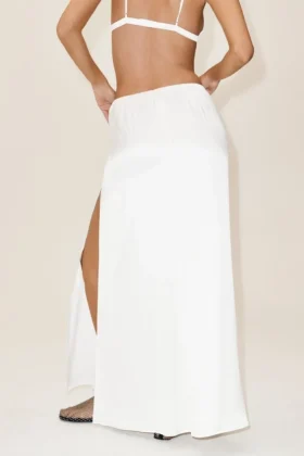 Jupe longue Radiance taille basse en mélange de soie – Blanche