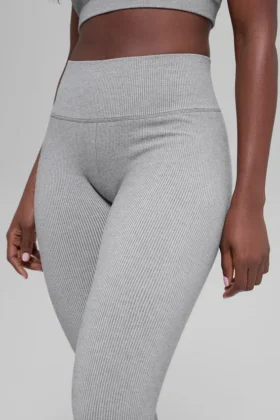 Legging sans coutures High-Waist et à côtes bicolores - Gris brume clair chiné